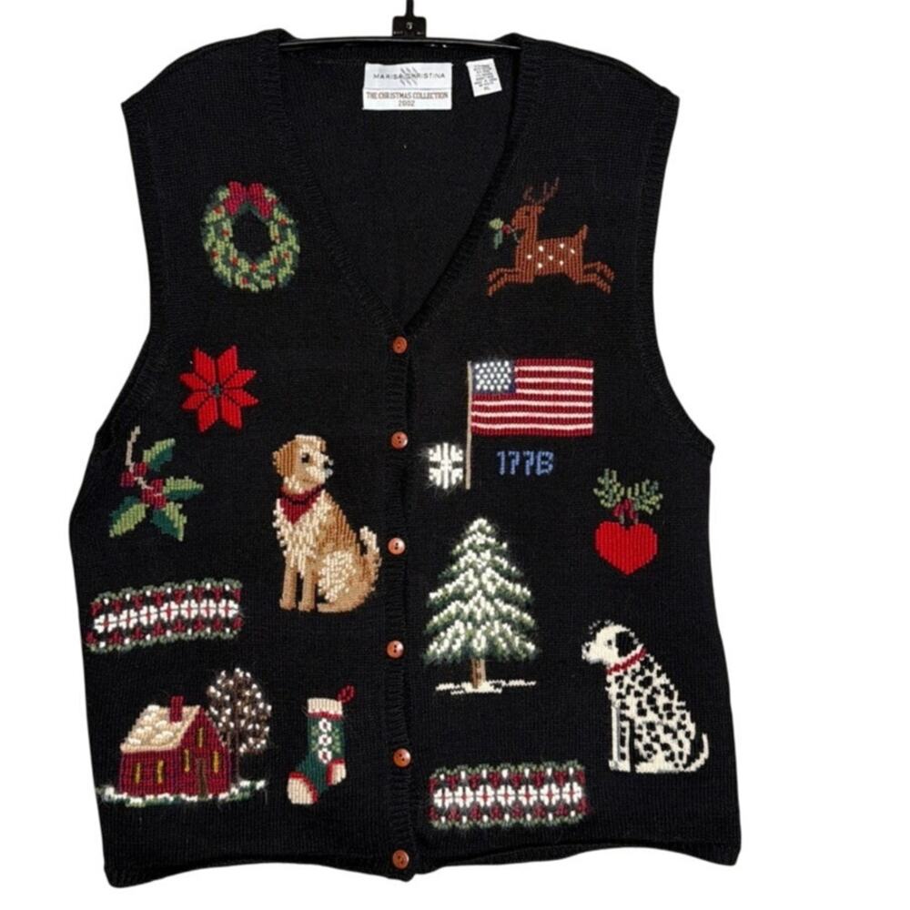 Vintage 2002 Marisa Christina Christmas Sweater Vest XL Dogs Americana Holiday
